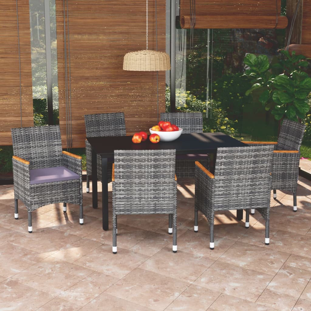7 Piece Garden Dining Set with Cushions Poly Rattan Grey