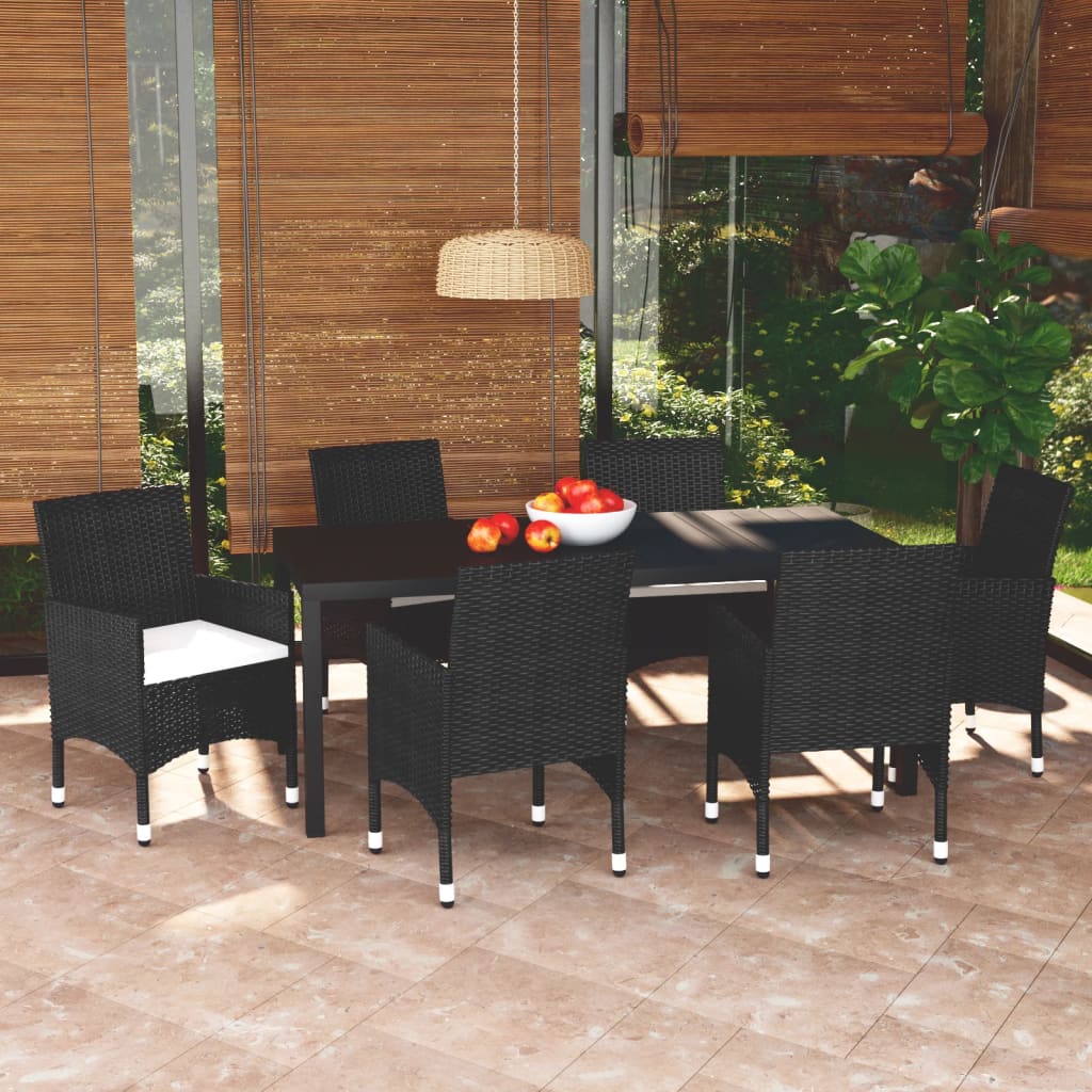 7 Piece Garden Dining Set with Cushions Poly Rattan Black