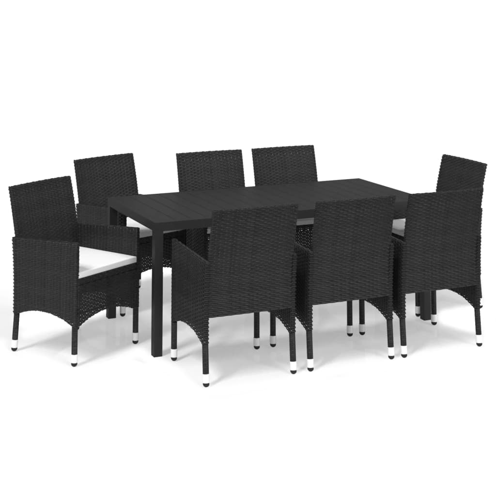 9 Piece Garden Dining Set with Cushions Poly Rattan Black