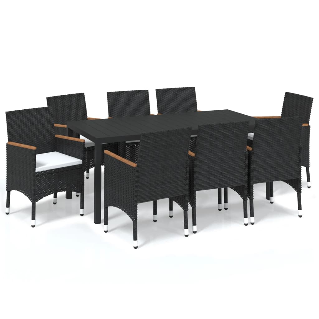 9 Piece Garden Dining Set with Cushions Poly Rattan Black