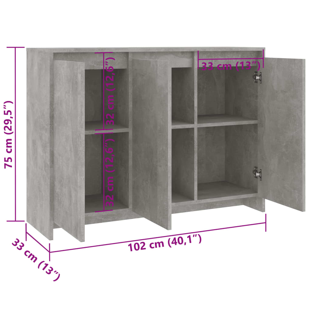 Sideboard Concrete Grey 102x33x75 cm Engineered Wood