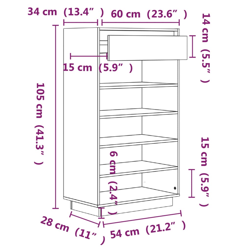 Shoe Cabinet White 60x34x105 cm Solid Wood Pine