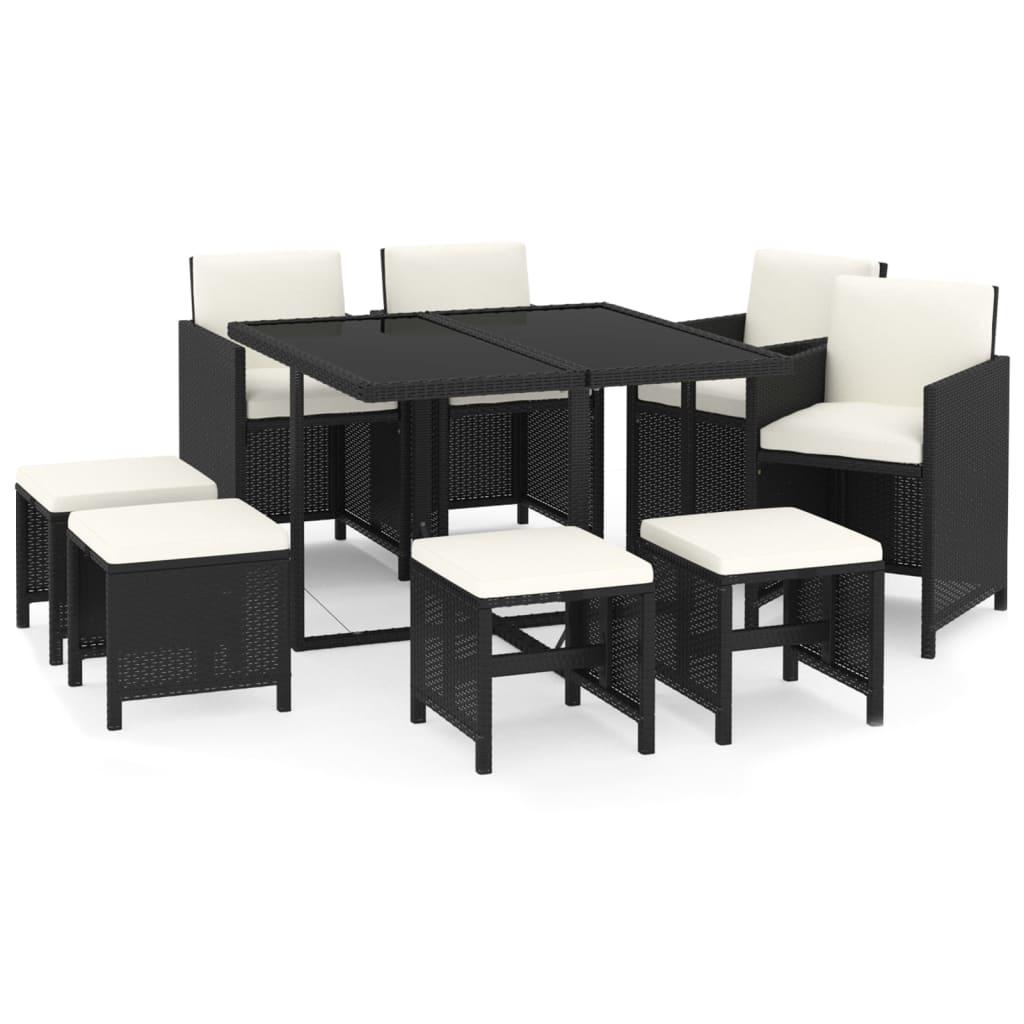 9 Piece Garden Dining Set with Cushions Poly Rattan Black