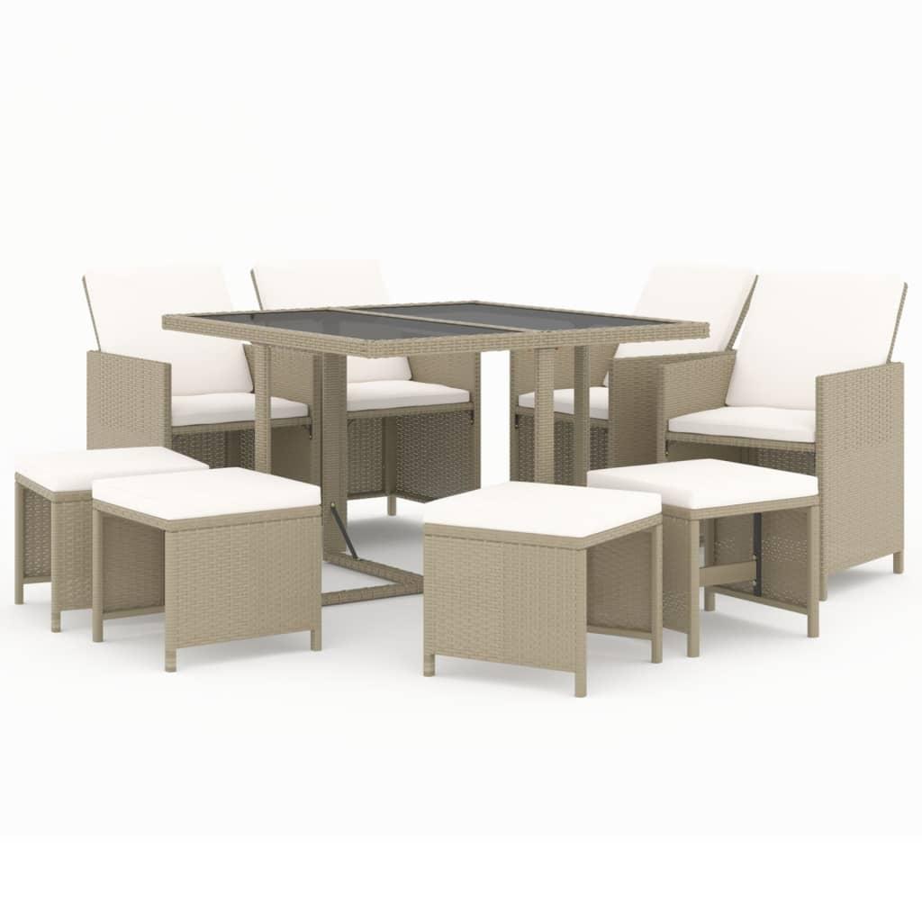 9 Piece Garden Dining Set with Cushions Poly Rattan Beige