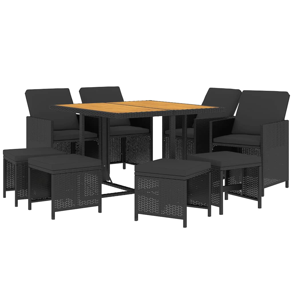 9 Piece Garden Dining Set with Cushions Poly Rattan Black