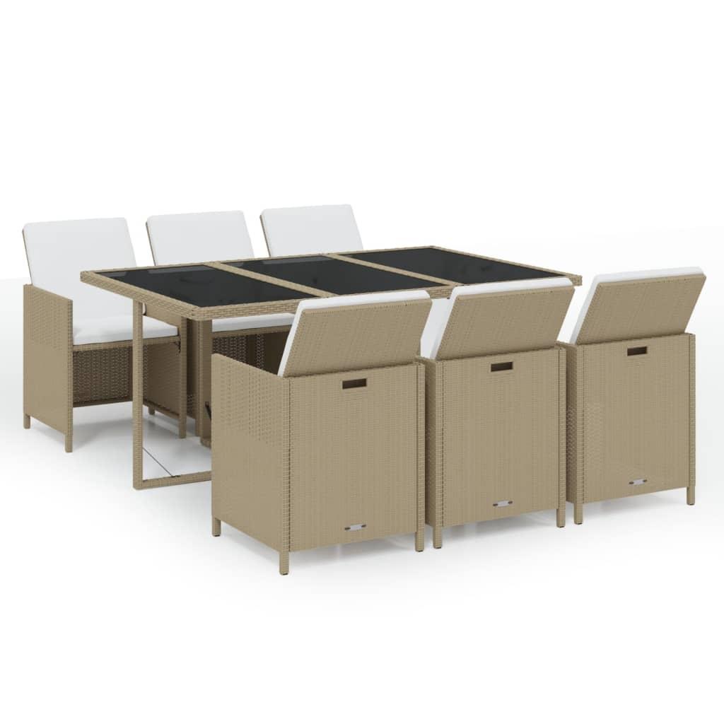 7 Piece Garden Dining Set with Cushions Poly Rattan Beige