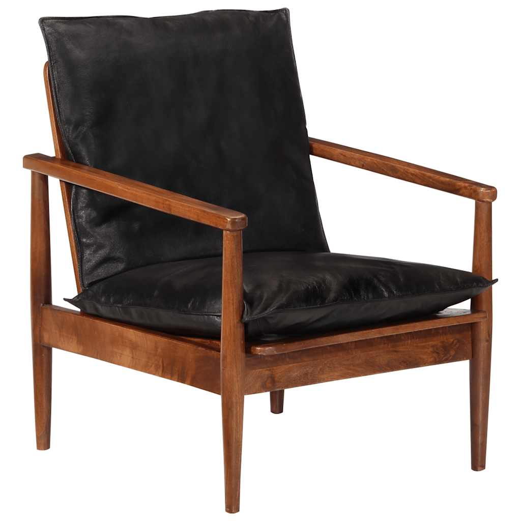 Armchair Black Real Leather and Solid Wood Acacia