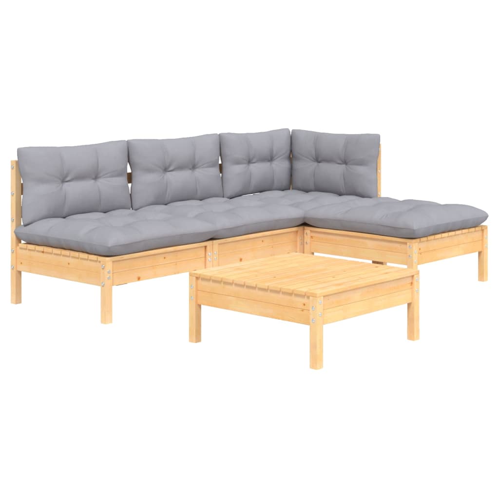 5 Piece Garden Lounge Set with Grey Cushions Pinewood