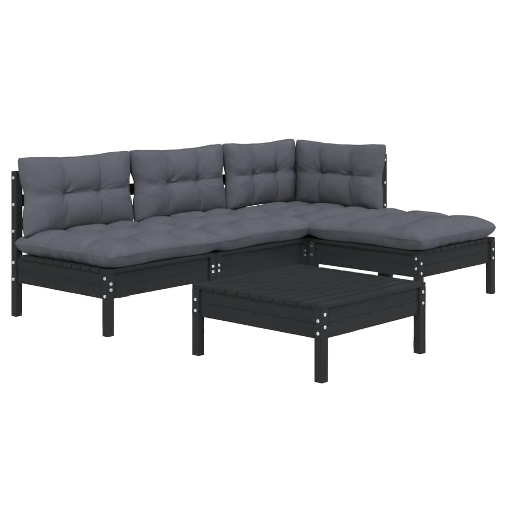 5 Piece Garden Lounge Set with Cushions Black Pinewood