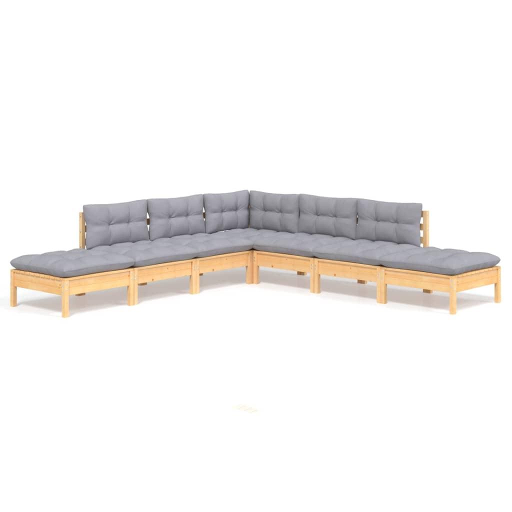 7 Piece Garden Lounge Set with Grey Cushions Pinewood