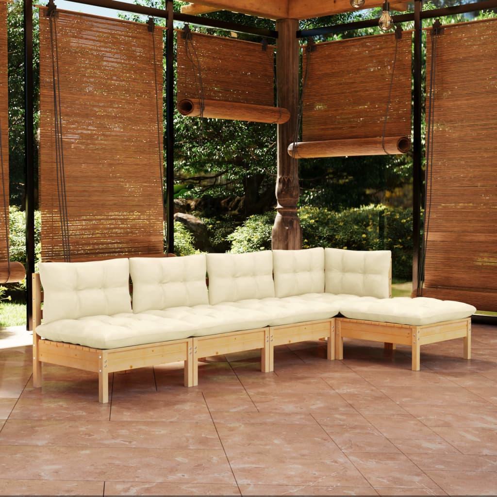 5 Piece Garden Lounge Set with Cream Cushions Pinewood