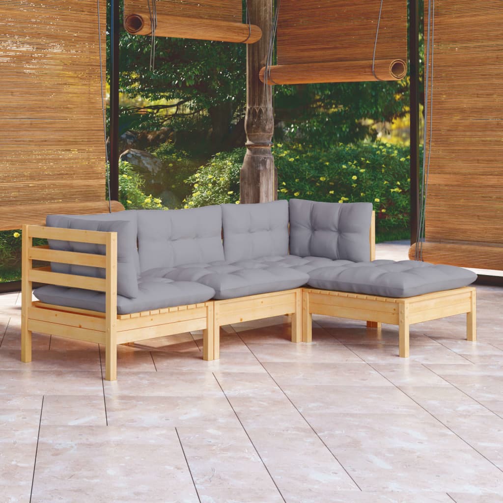 4 Piece Garden Lounge Set with Grey Cushions Pinewood