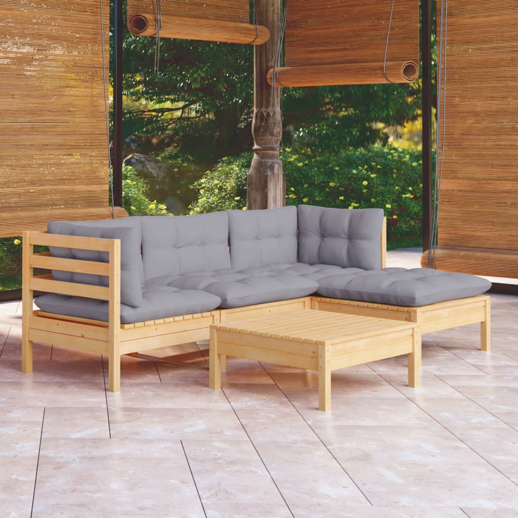 5 Piece Garden Lounge Set with Grey Cushions Pinewood