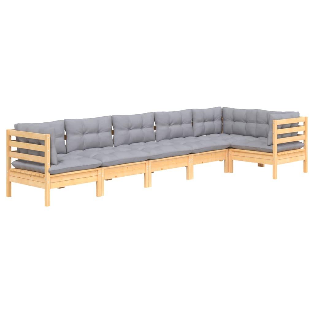 6 Piece Garden Lounge Set with Grey Cushions Pinewood