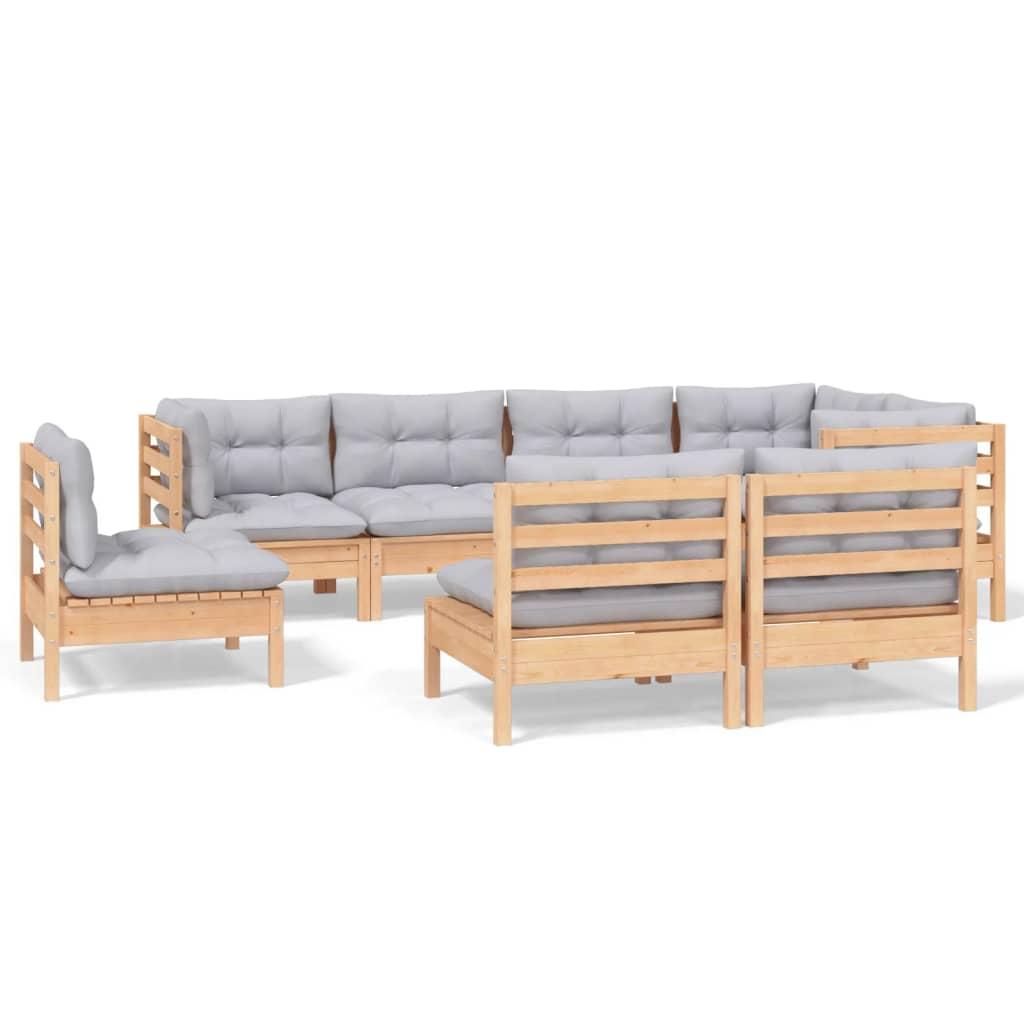 8 Piece Garden Lounge Set with Grey Cushions Solid Pinewood