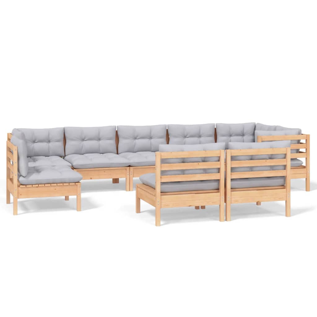 9 Piece Garden Lounge Set with Grey Cushions Solid Pinewood