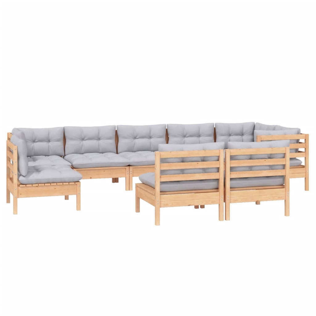 9 Piece Garden Lounge Set with Grey Cushions Solid Pinewood