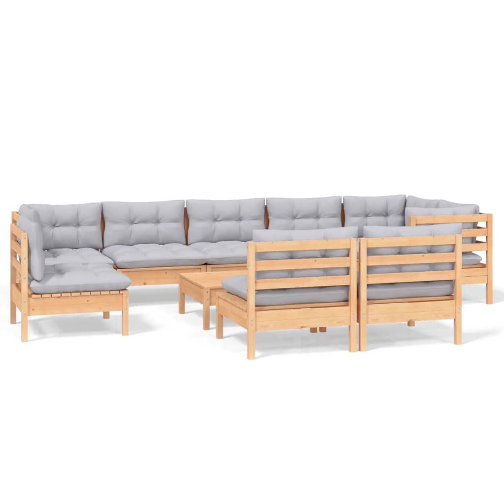 10 Piece Garden Lounge Set with Grey Cushions Solid Pinewood