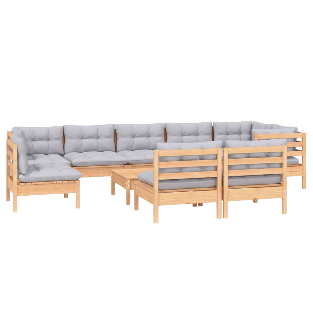 10 Piece Garden Lounge Set with Grey Cushions Solid Pinewood