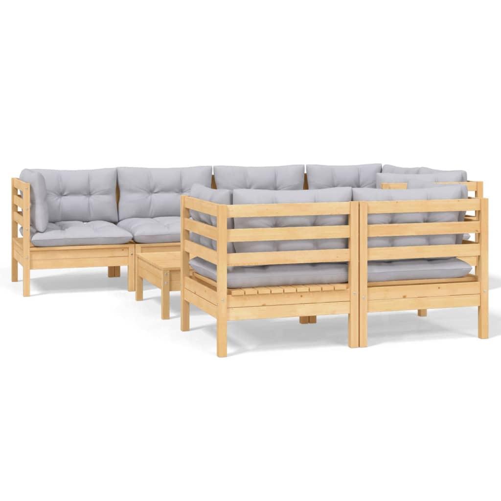 8 Piece Garden Lounge Set with Grey Cushions Solid Pinewood