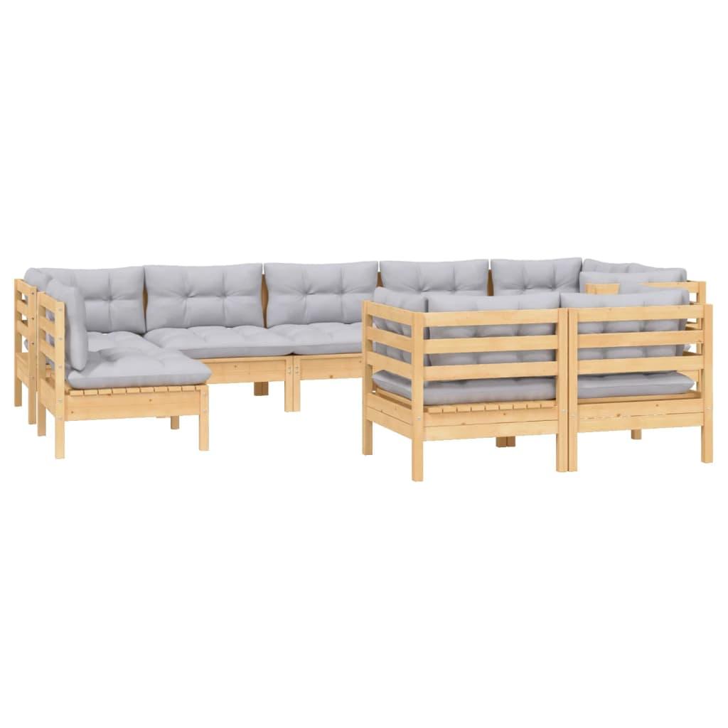 9 Piece Garden Lounge Set with Grey Cushions Solid Pinewood