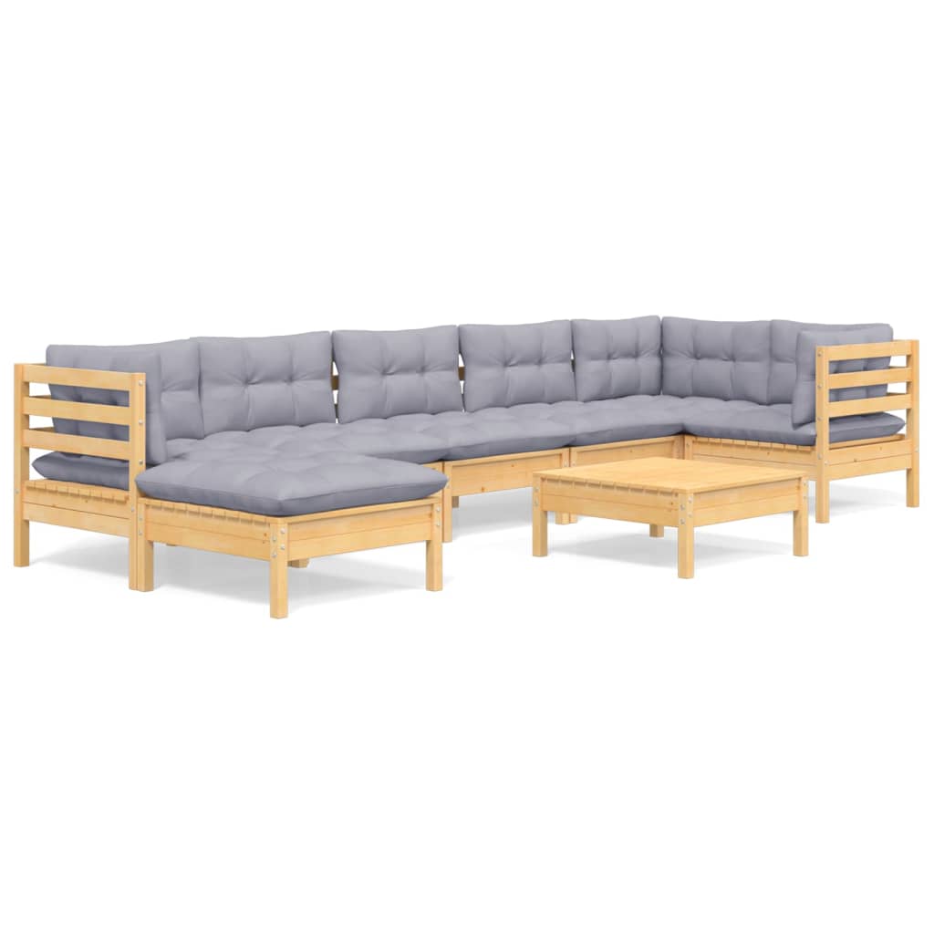 8 Piece Garden Lounge Set with Grey Cushions Solid Pinewood