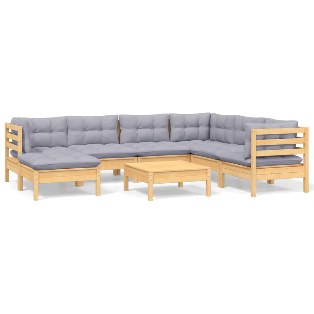 8 Piece Garden Lounge Set with Grey Cushions Solid Pinewood