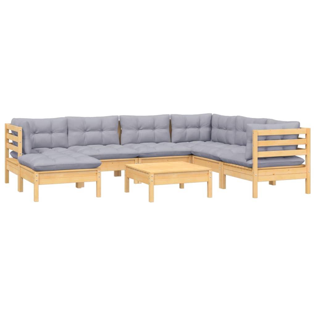 8 Piece Garden Lounge Set with Grey Cushions Solid Pinewood