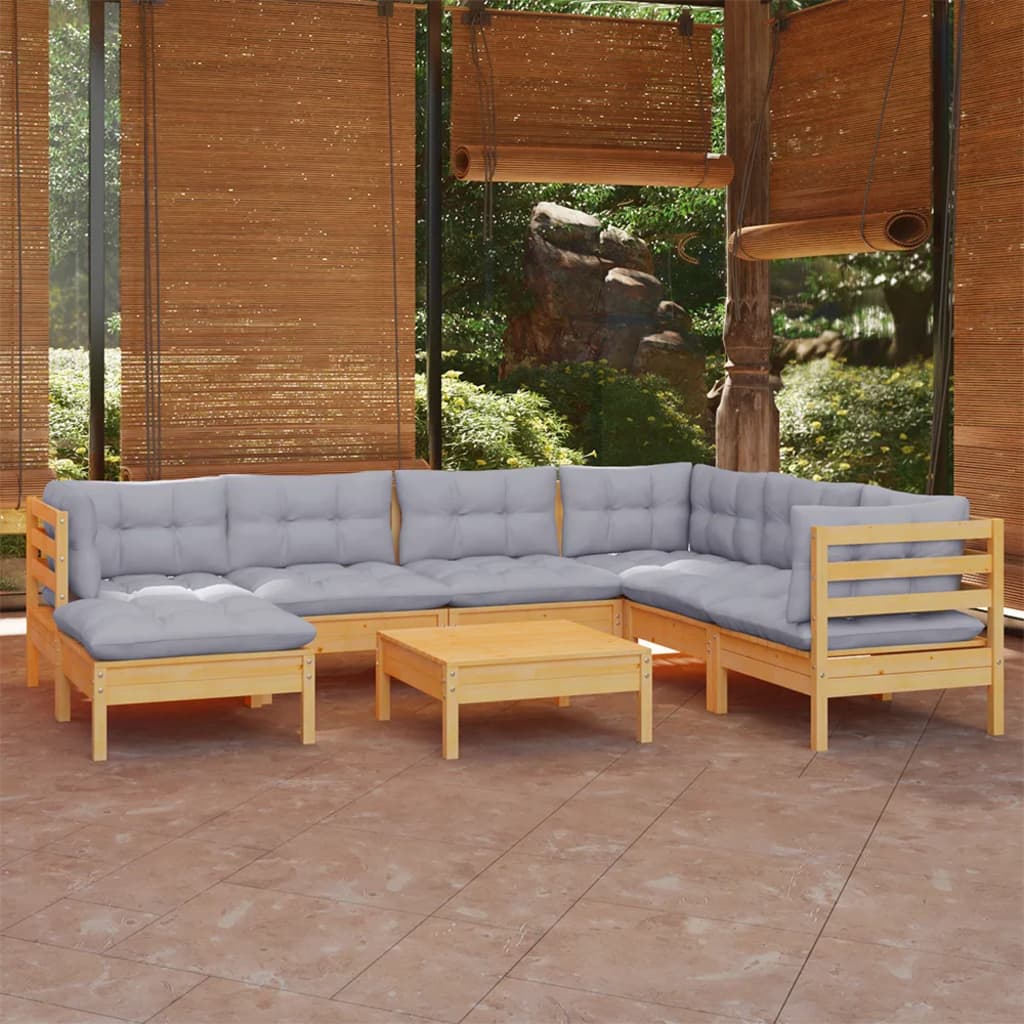 8 Piece Garden Lounge Set with Grey Cushions Solid Pinewood