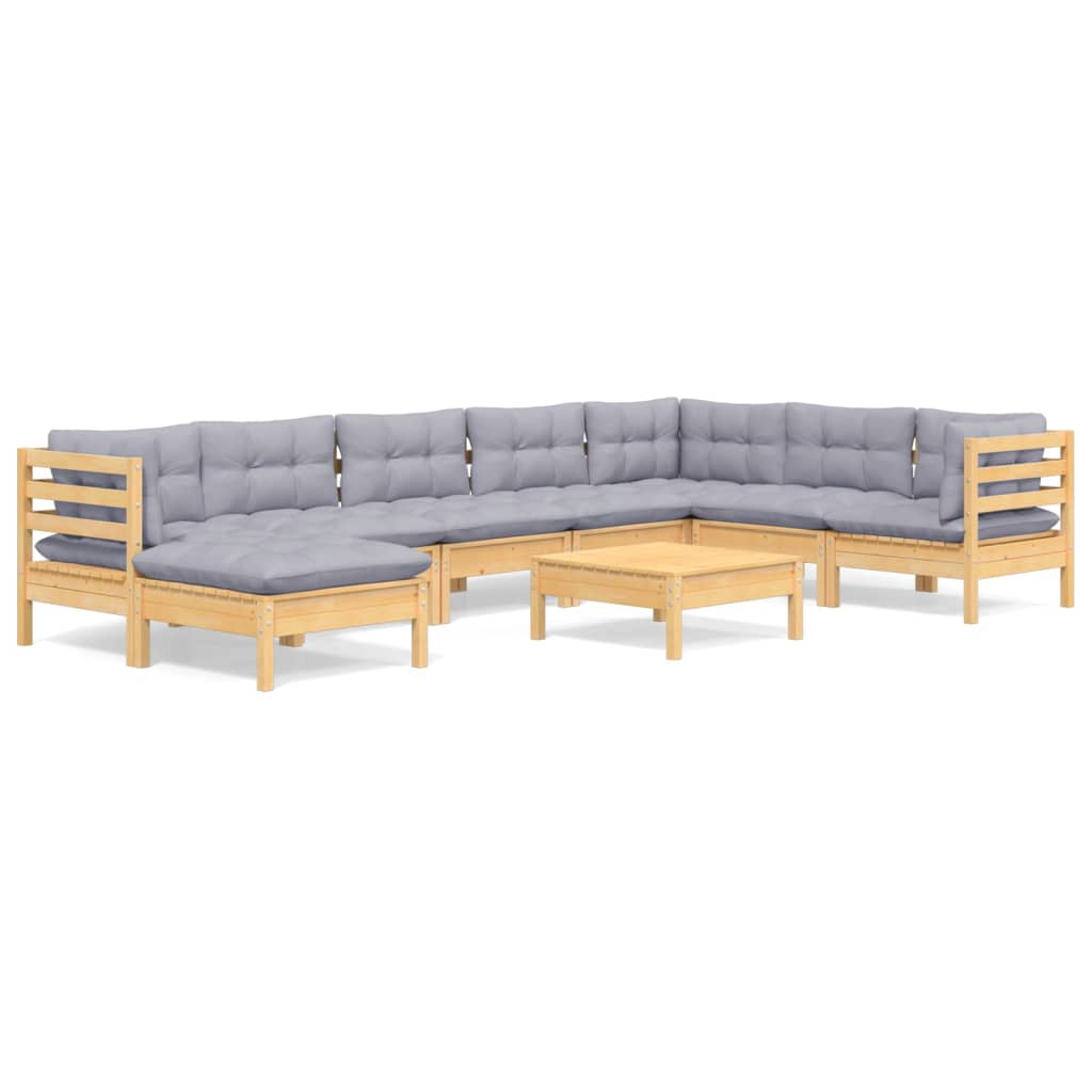 9 Piece Garden Lounge Set with Grey Cushions Solid Pinewood