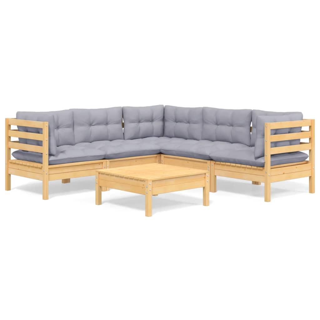 6 Piece Garden Lounge Set with Grey Cushions Solid Pinewood