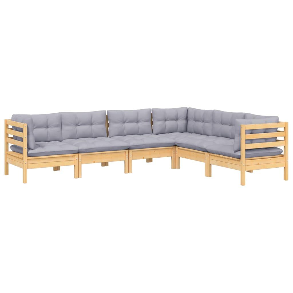 6 Piece Garden Lounge Set with Grey Cushions Solid Pinewood