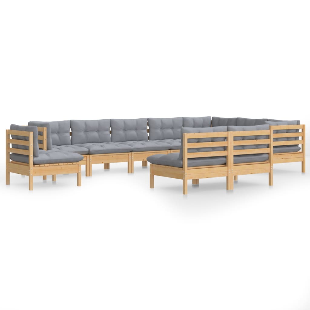 10 Piece Garden Lounge Set with Grey Cushions Solid Pinewood