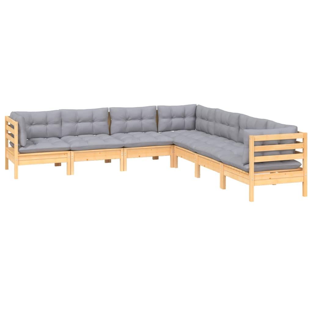 7 Piece Garden Lounge Set with Grey Cushions Solid Pinewood