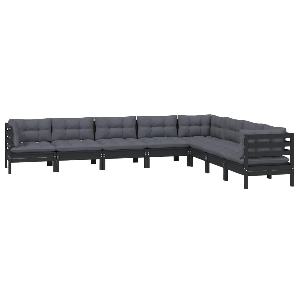 8 Piece Garden Lounge Set with Cushions Black Solid Pinewood