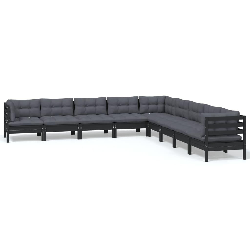 9 Piece Garden Lounge Set with Cushions Black Solid Pinewood