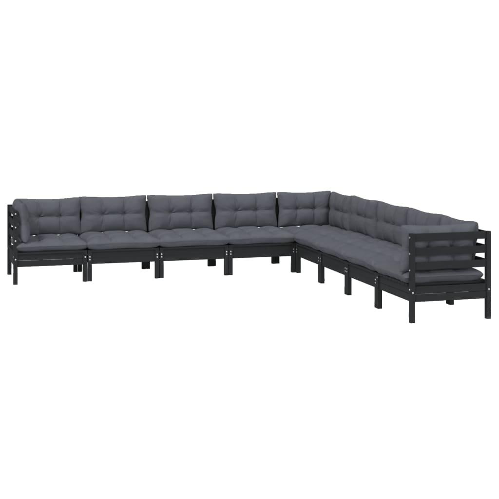 9 Piece Garden Lounge Set with Cushions Black Solid Pinewood