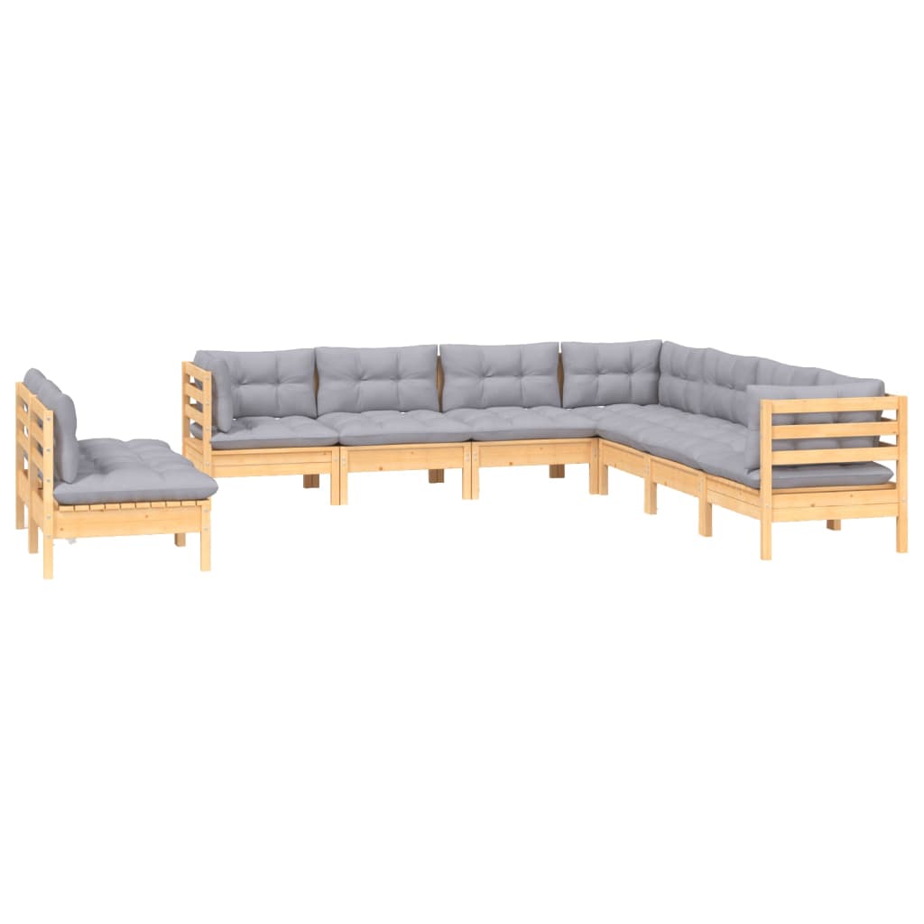 9 Piece Garden Lounge Set with Grey Cushions Solid Pinewood