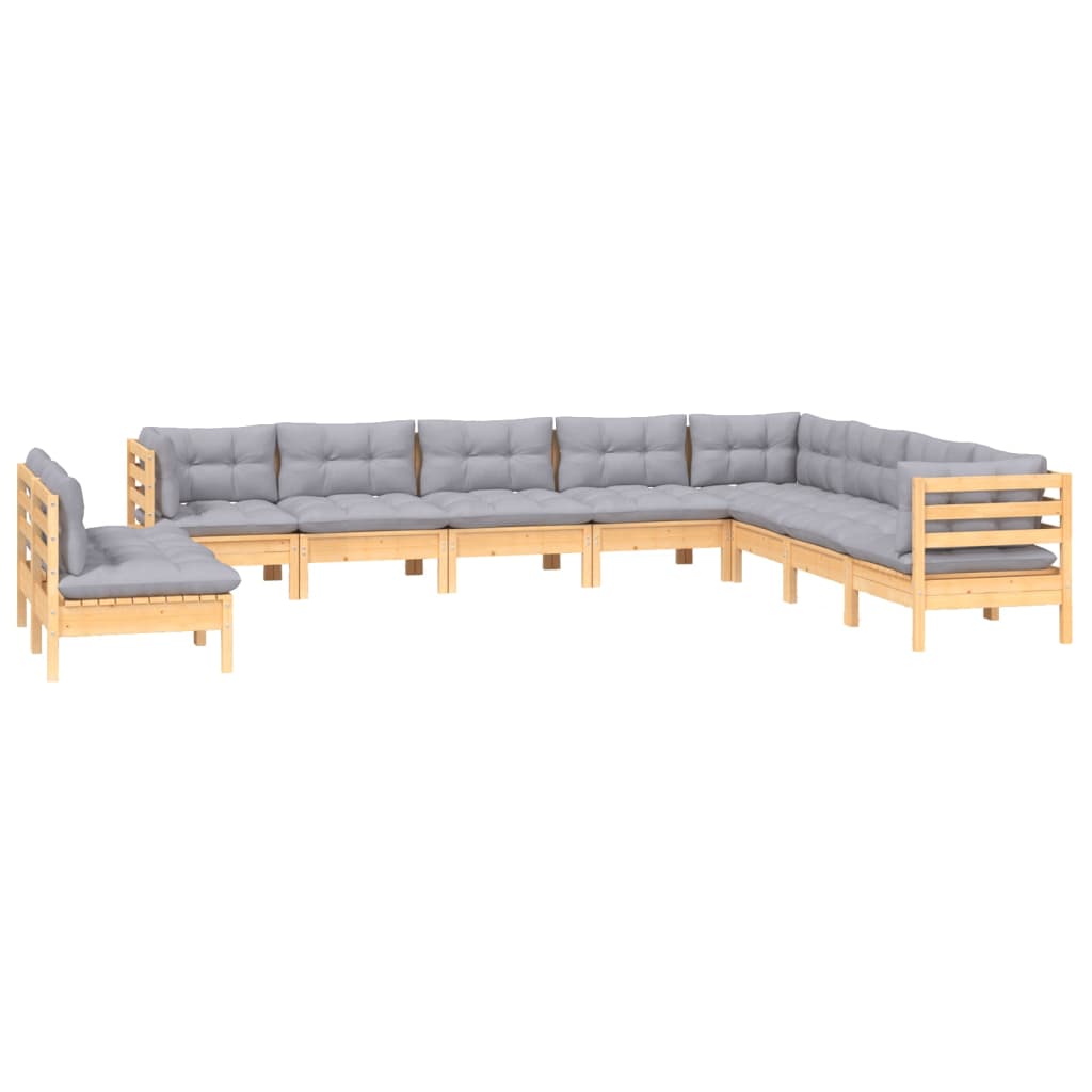 10 Piece Garden Lounge Set with Grey Cushions Solid Pinewood