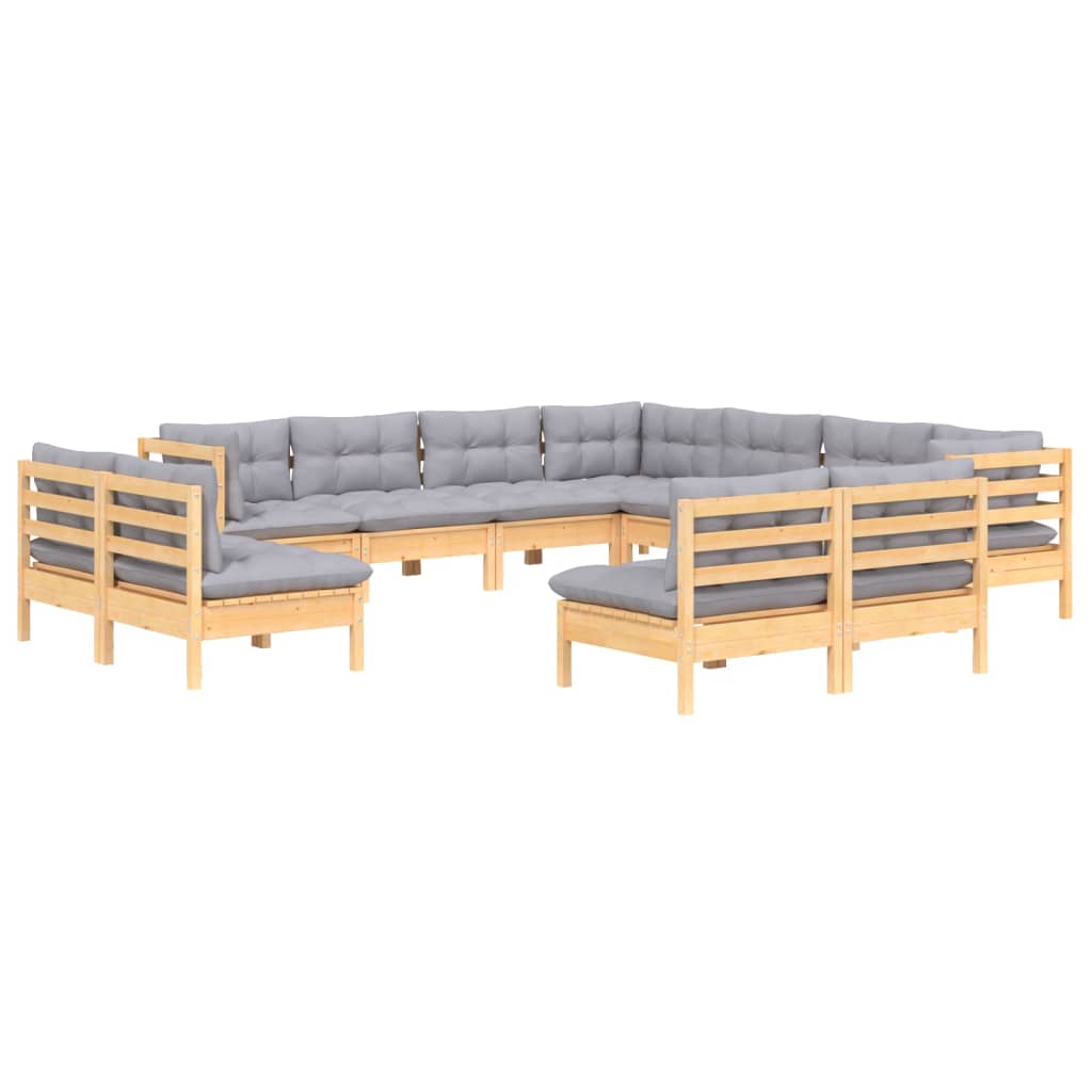 11 Piece Garden Lounge Set with Grey Cushions Solid Pinewood