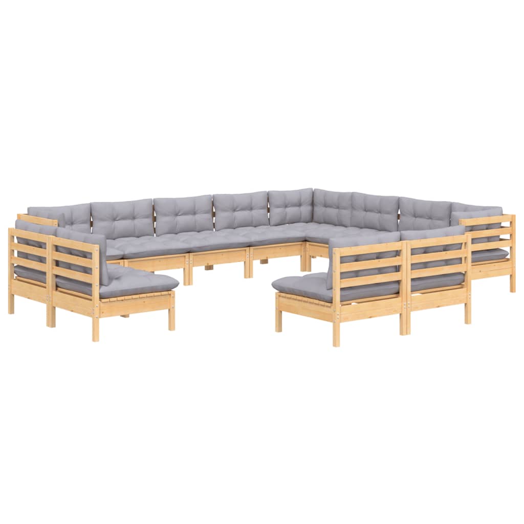 12 Piece Garden Lounge Set with Grey Cushions Solid Pinewood