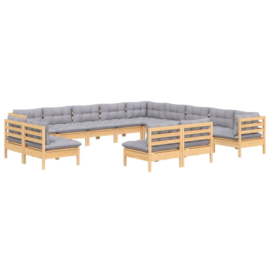 13 Piece Garden Lounge Set with Grey Cushions Solid Pinewood