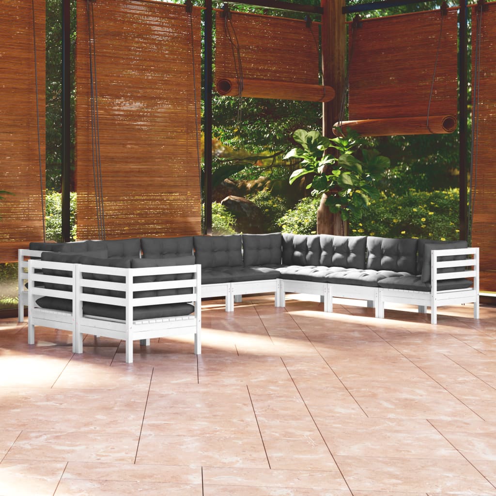 10 Piece Garden Lounge Set with Cushions White Solid Pinewood