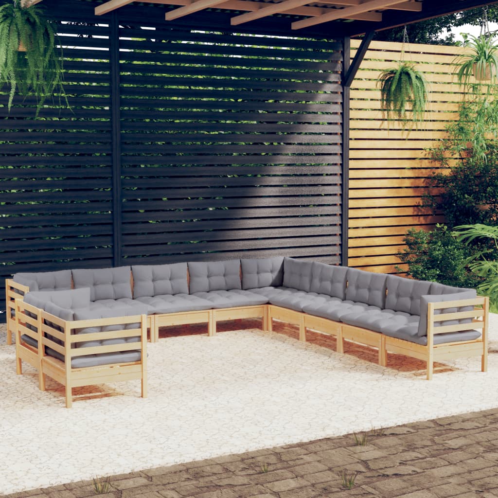 11 Piece Garden Lounge Set with Grey Cushions Solid Pinewood