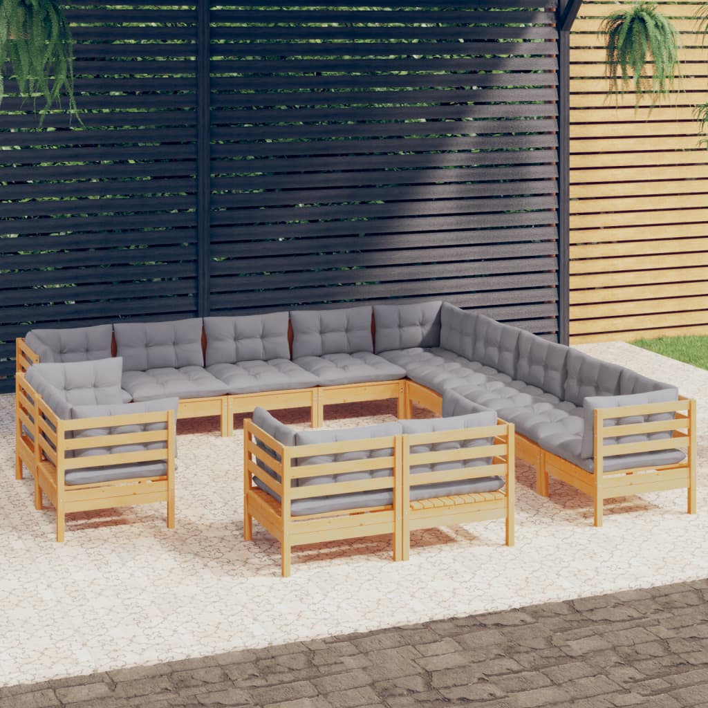 13 Piece Garden Lounge Set with Grey Cushions Solid Pinewood