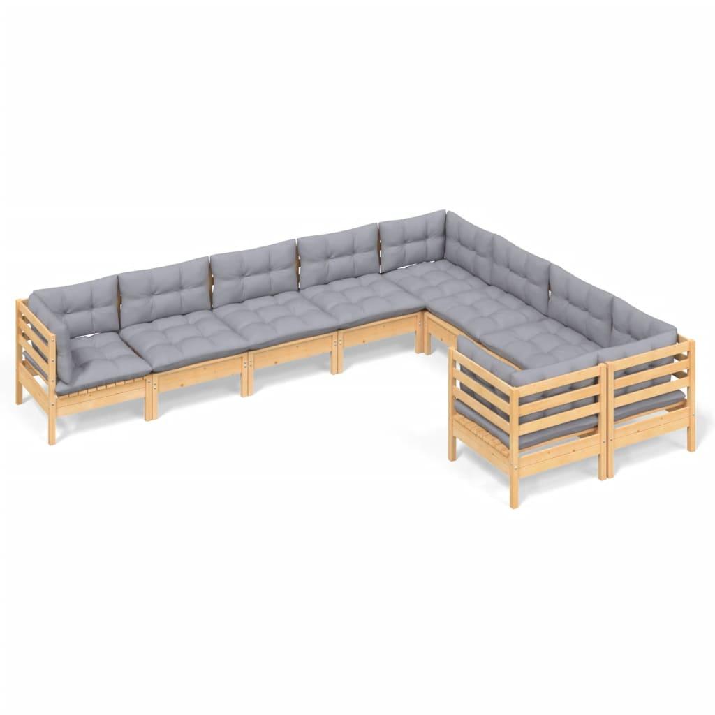9 Piece Garden Lounge Set with Grey Cushions Pinewood