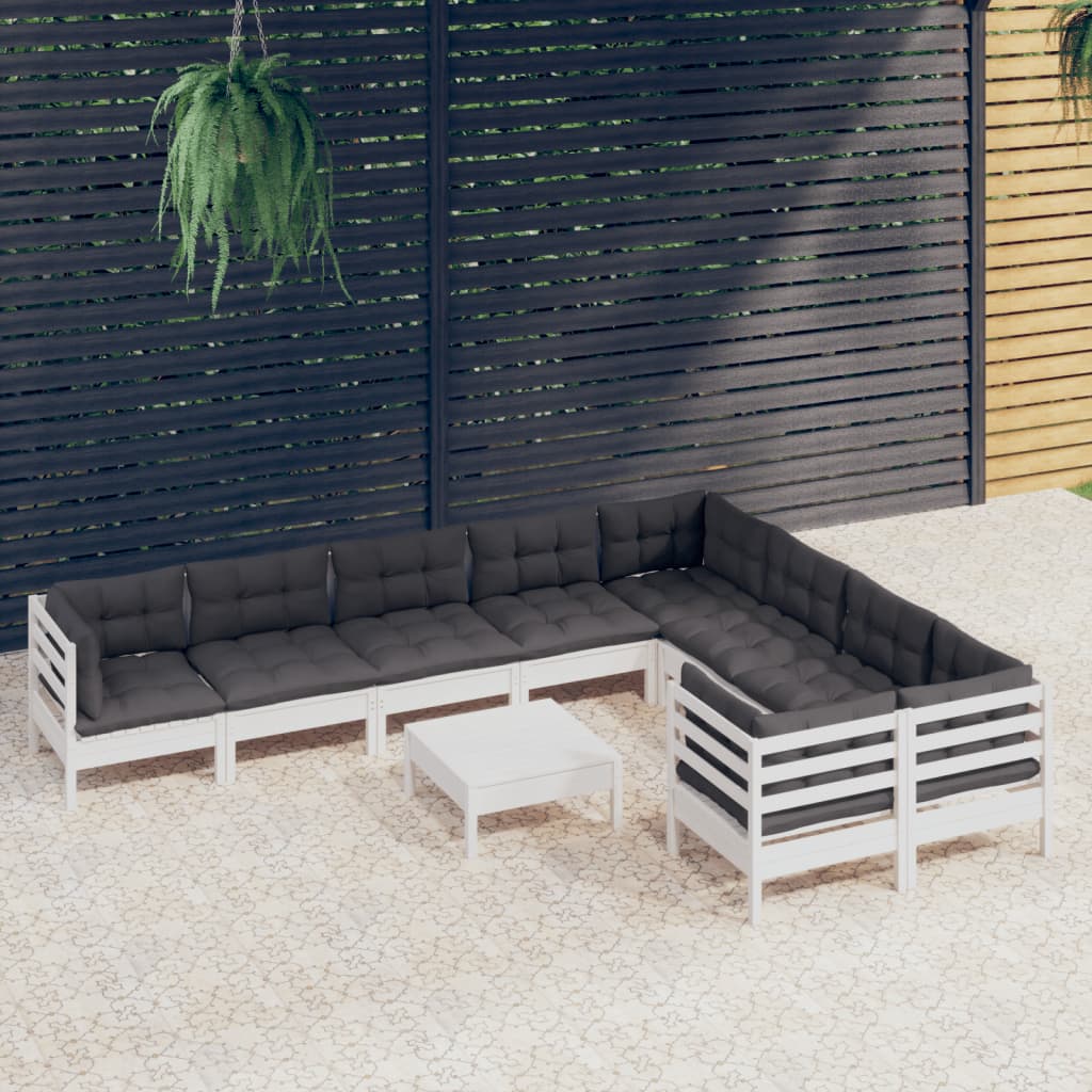 10 Piece Garden Lounge Set with Cushions White Pinewood