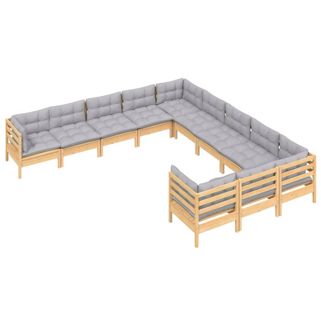 11 Piece Garden Lounge Set with Grey Cushions Pinewood