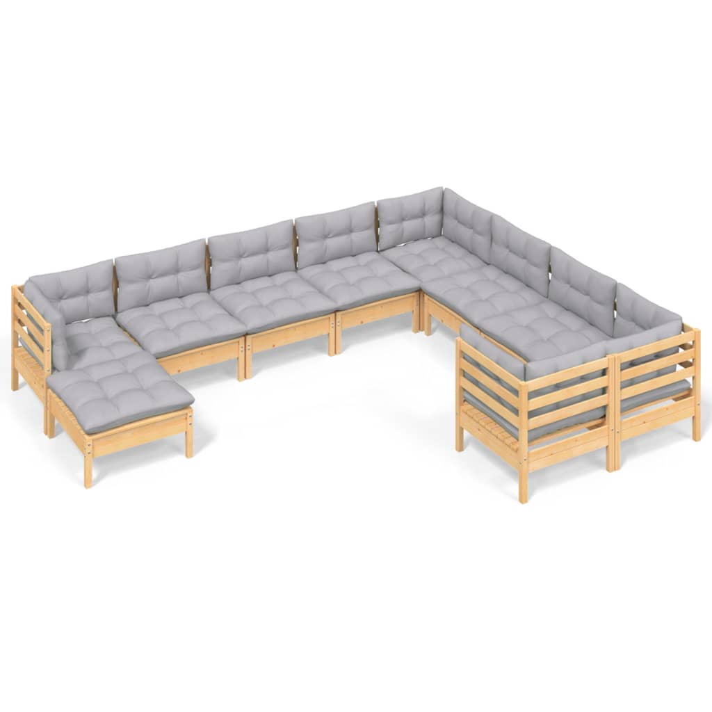 10 Piece Garden Lounge Set with Grey Cushions Pinewood