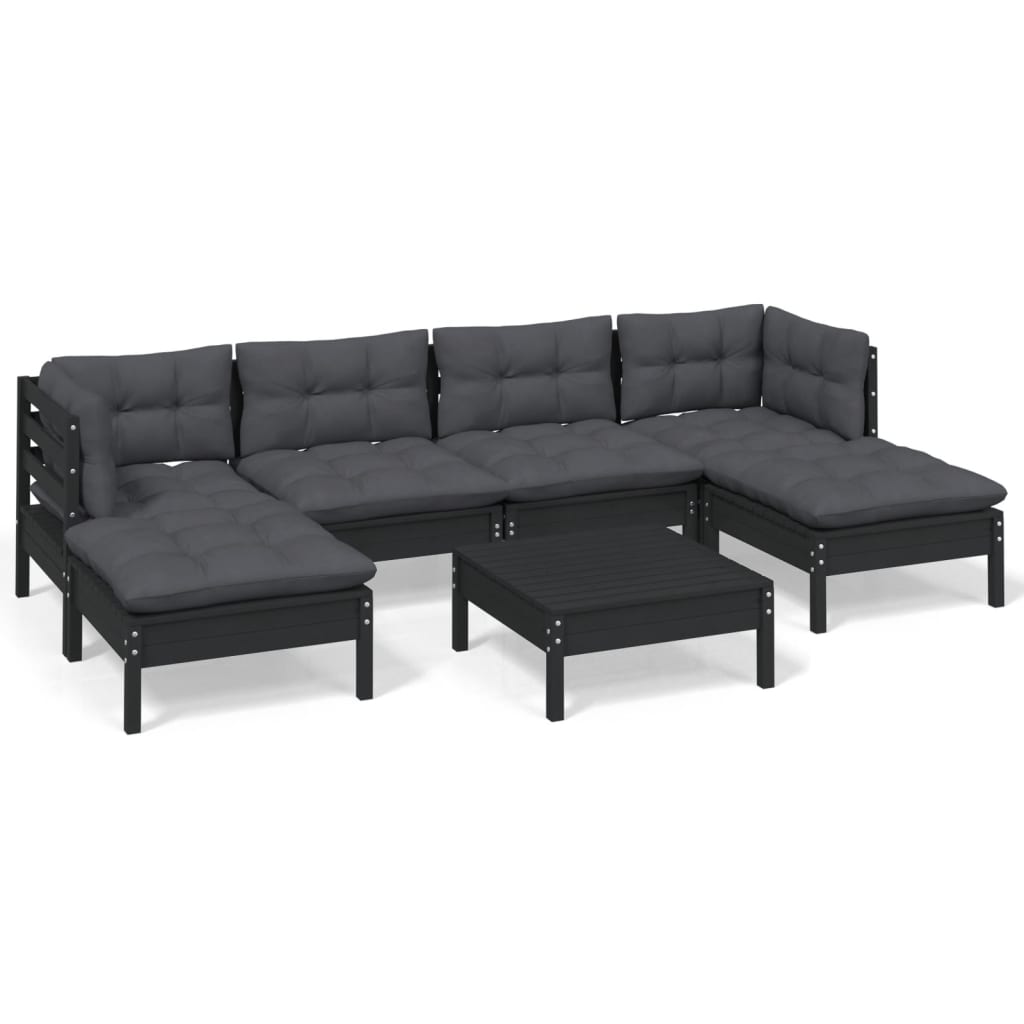 7 Piece Garden Lounge Set with Cushions Black Pinewood